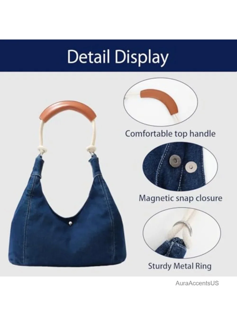 Denim Crescent Shoulder Bag Hobo Purse Half Moon Handbag with PU Canvas Strap